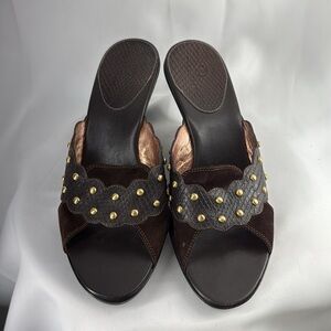 Cole Haan - Brown Leather & Suede Studded Wedge Sandals - Size 9